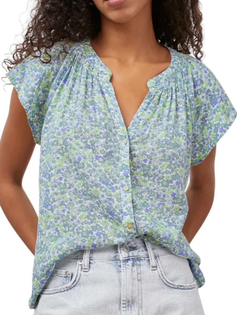 Rails Floral Button-Front Blouse in Blue and Green